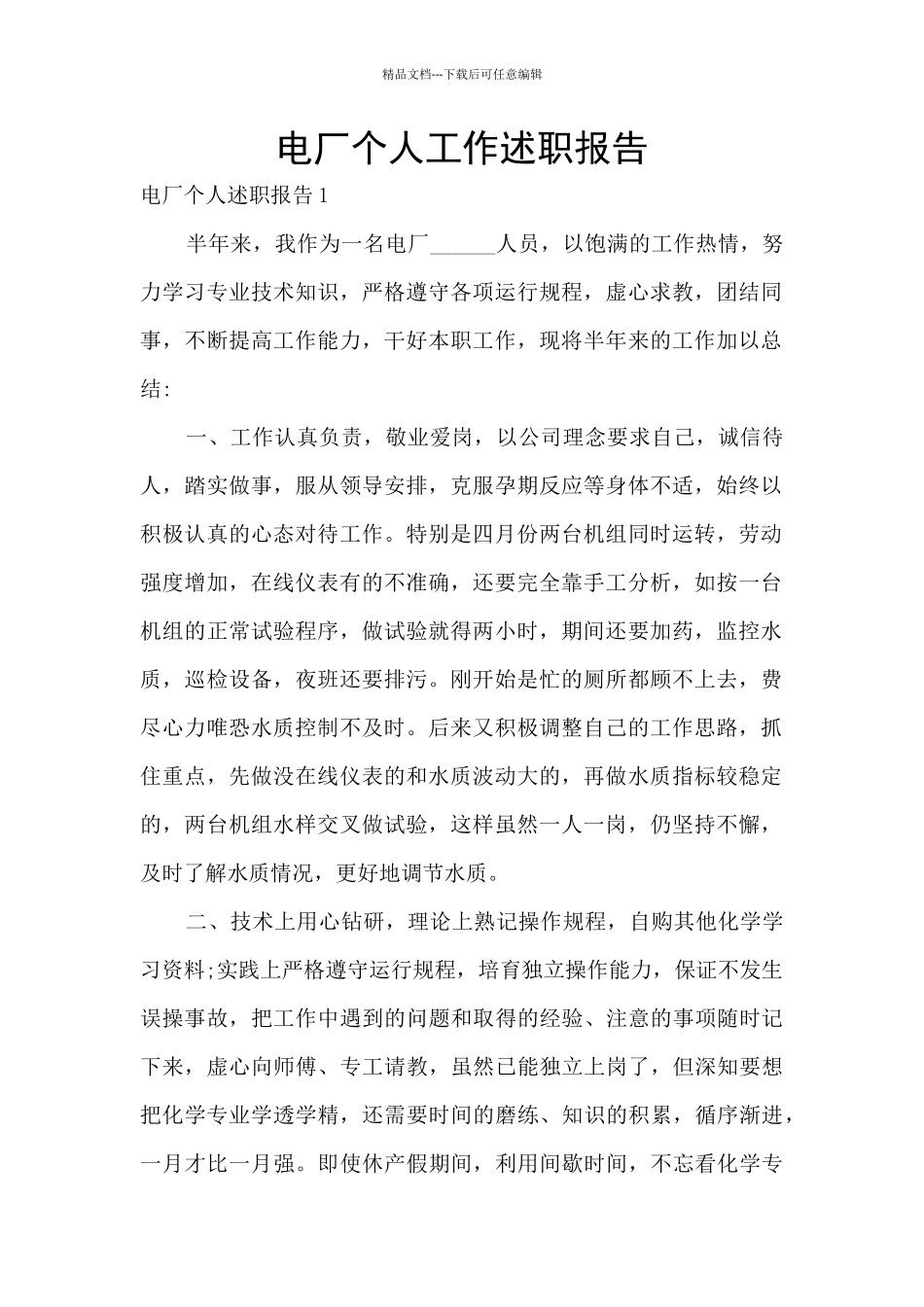 电厂个人工作述职报告_第1页