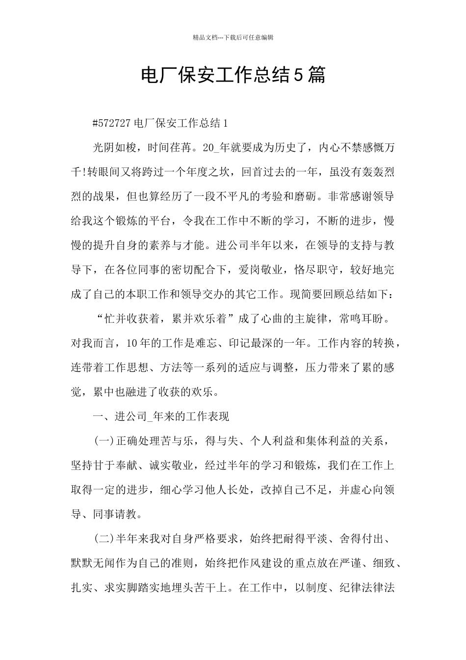 电厂保安工作总结5篇_第1页