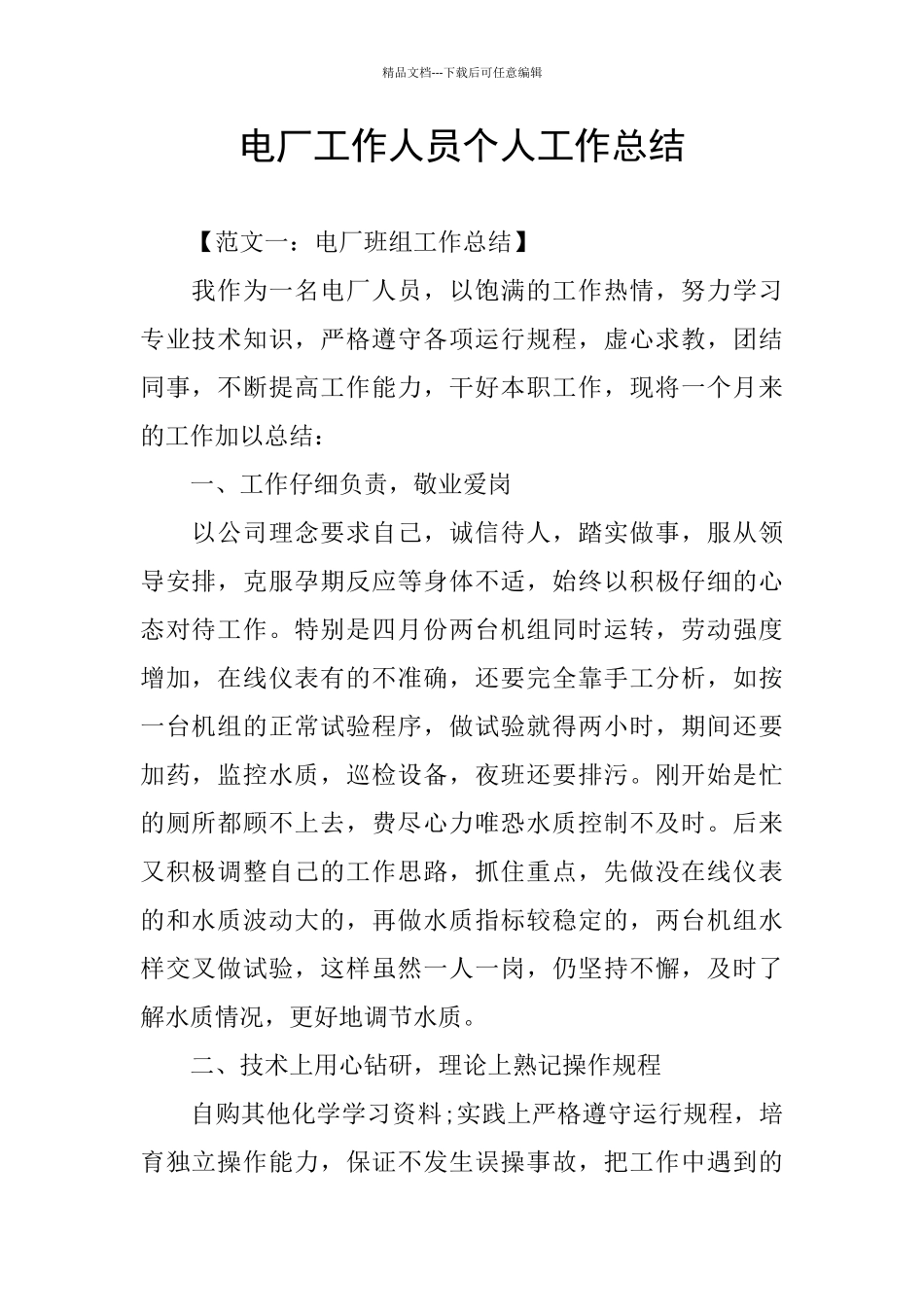电厂工作人员个人工作总结_第1页