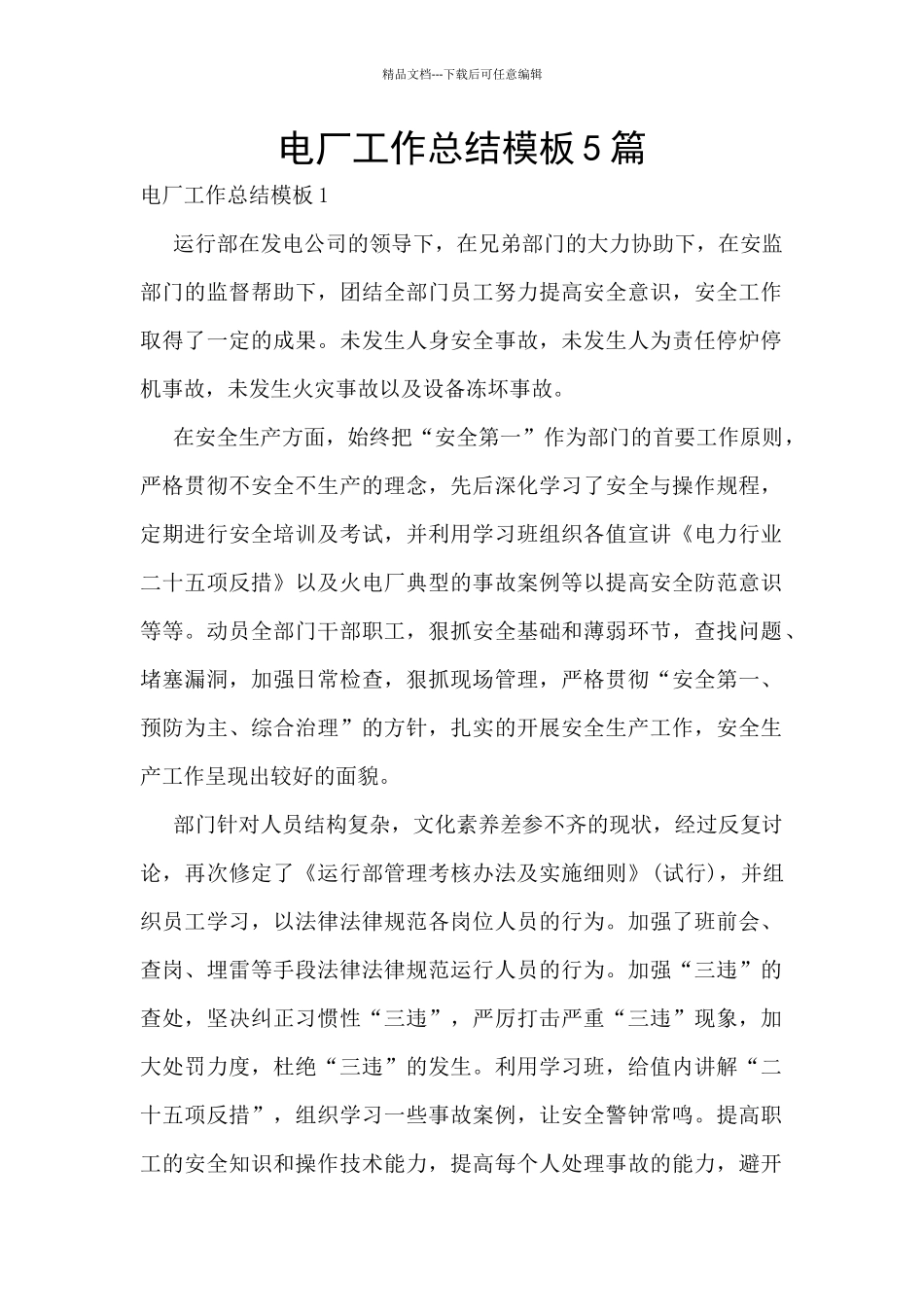 电厂工作总结模板5篇_第1页