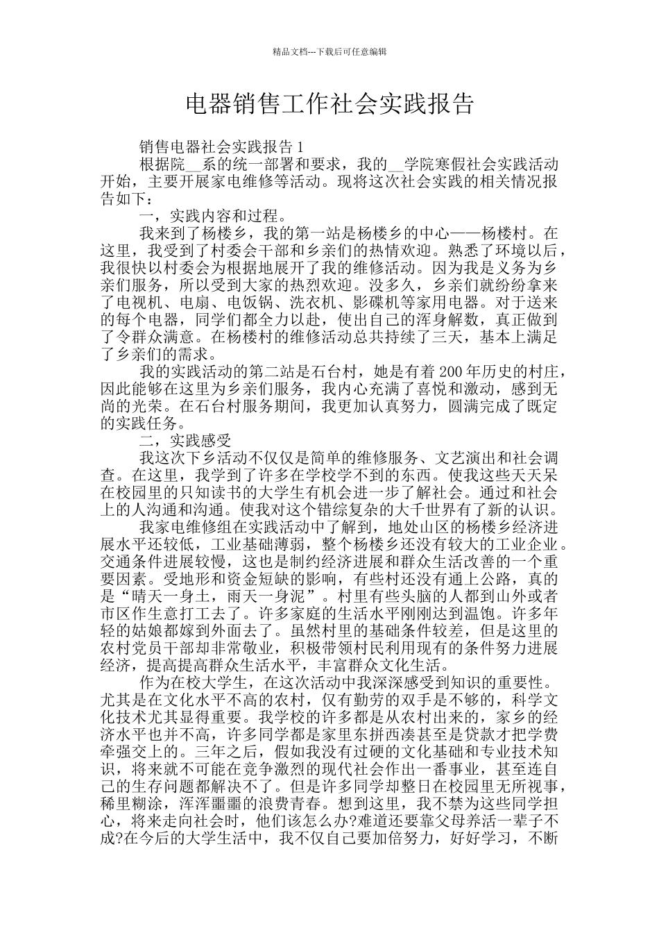 电器销售工作社会实践报告_第1页