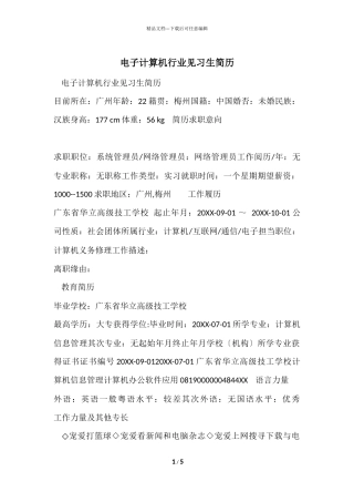 电子计算机行业见习生简历