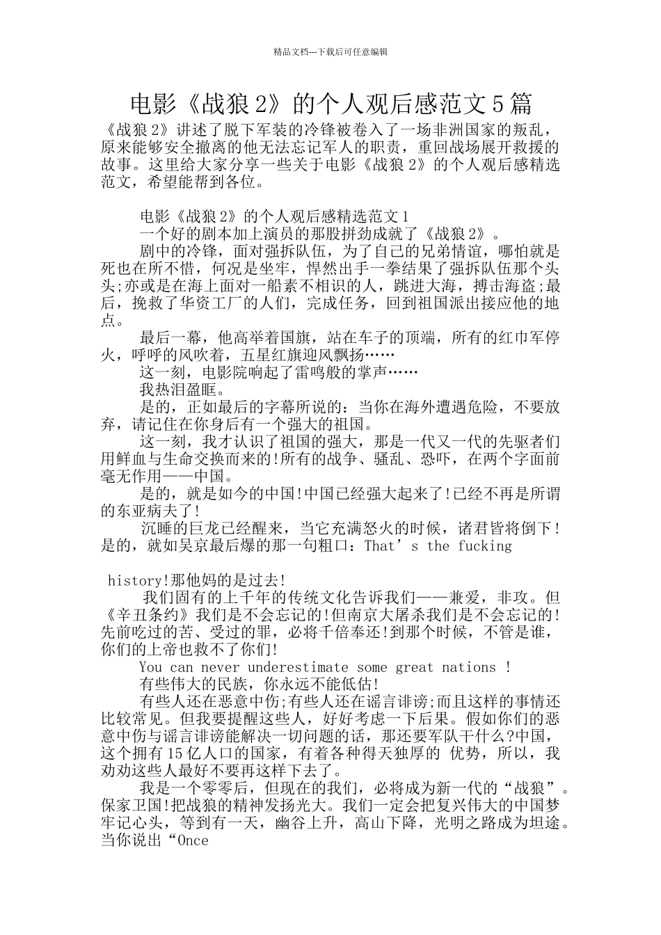 电影《战狼2》的个人观后感范文5篇_第1页