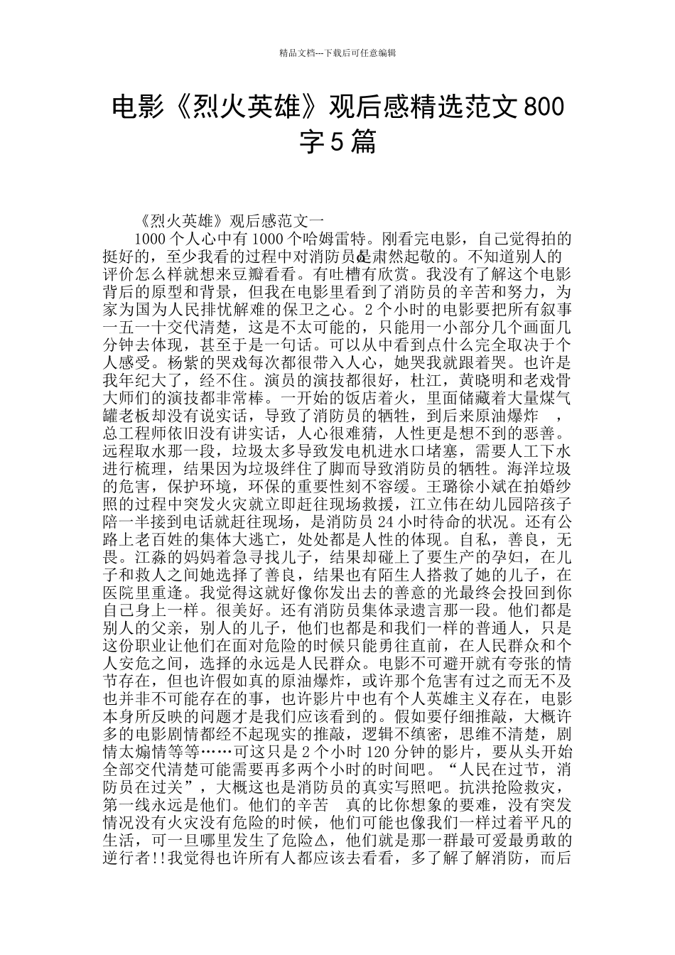 电影《烈火英雄》观后感精选范文800字5篇_第1页