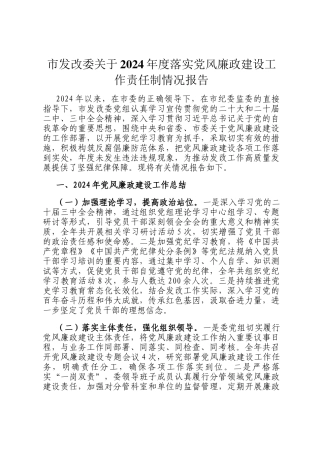 市发改委关于2024年度落实党风廉政建设工作责任制情况报告