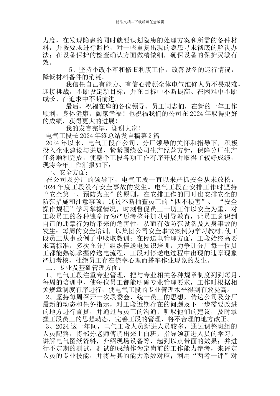 电气工段长2024年终总结发言稿_第2页