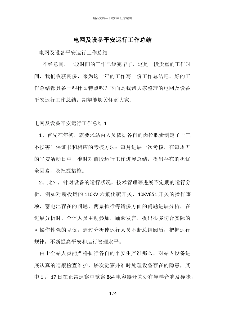 电网及设备安全运行工作总结_第1页