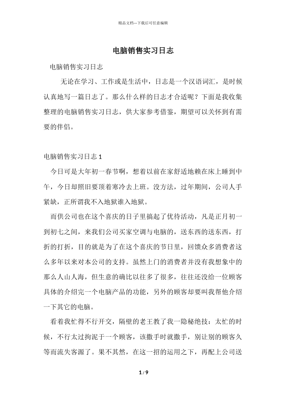 电脑销售实习日志_第1页