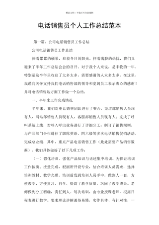 电话销售员个人工作总结范本