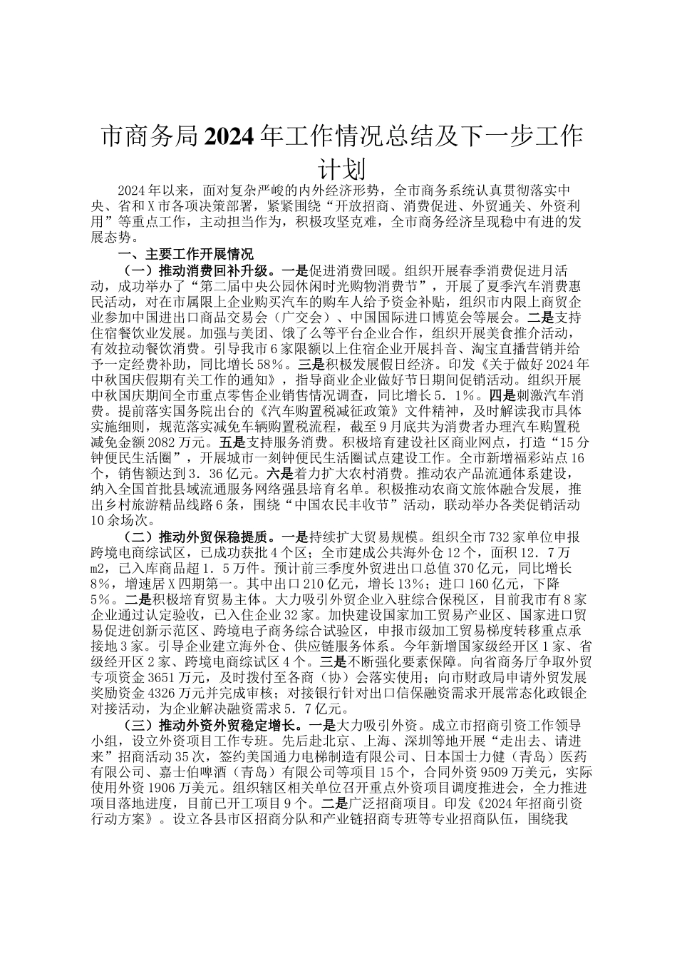 市商务局2024年工作情况总结及下一步工作计划_第1页