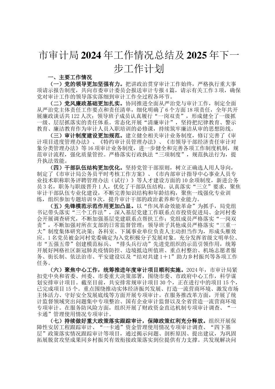 市审计局2024年工作情况总结及2025年下一步工作计划_第1页