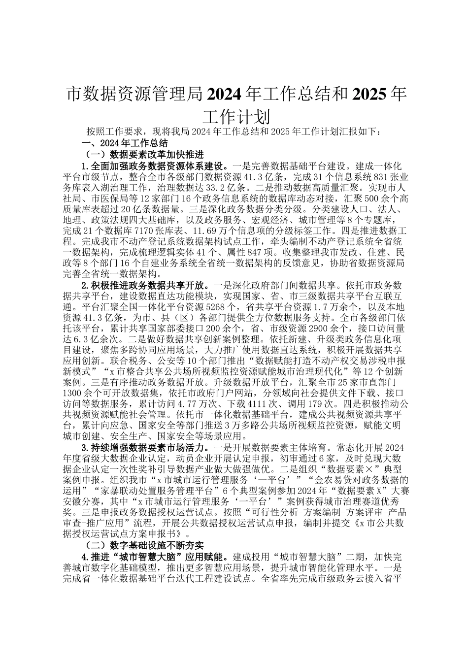 市数据资源管理局2024年工作总结和2025年工作计划_第1页