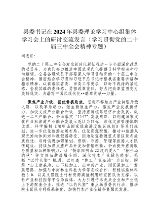 县委书记在2024年县委理论学习中心组集体学习会上的研讨交流发言（学习贯彻党的二十届三中全会精神专题）