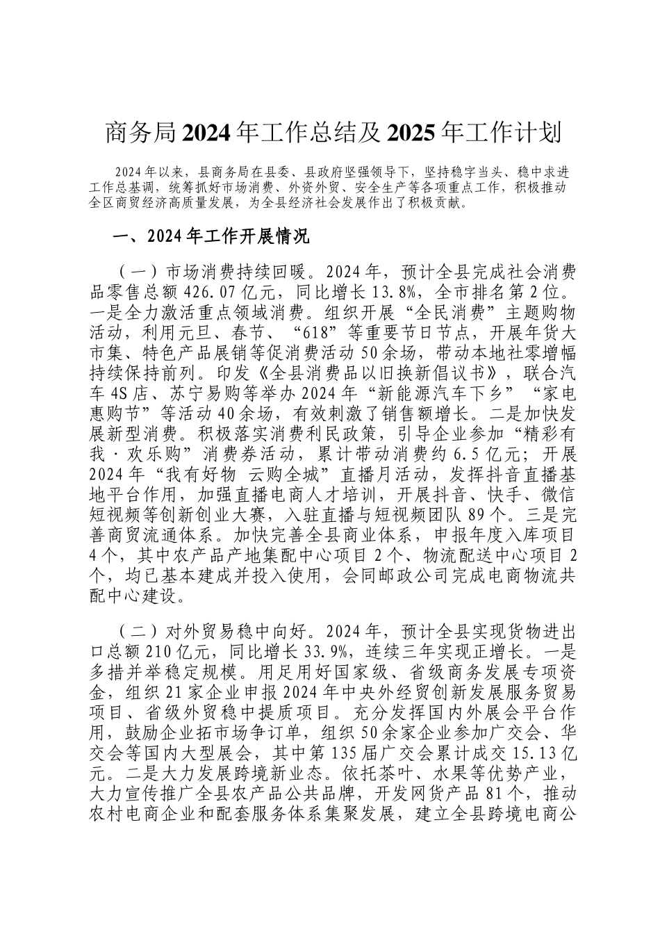 商务局2024年工作总结及2025年工作计划_第1页
