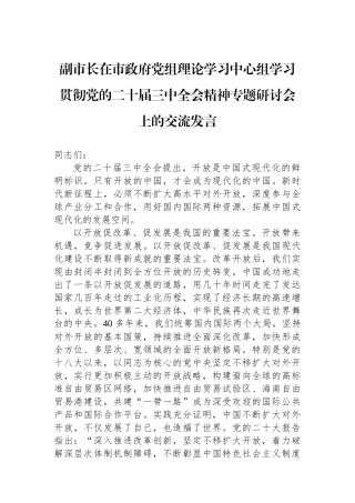副市长在市政府党组理论学习中心组学习贯彻党的二十届三中全会精神专题研讨会上的交流发言