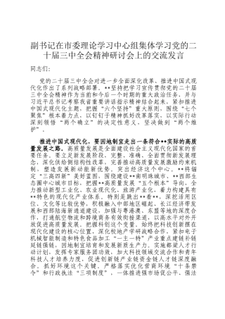 副书记在市委理论学习中心组集体学习党的二十届三中全会精神研讨会上的交流发言