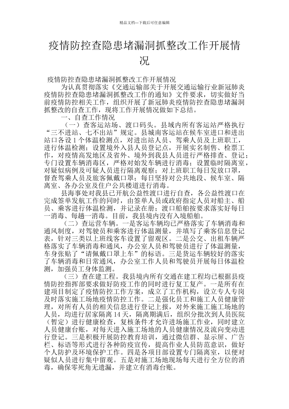 疫情防控查隐患堵漏洞抓整改工作开展情况_第1页