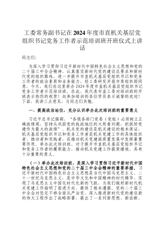 工委常务副书记在2024年度市直机关基层党组织书记党务工作者示范培训班开班仪式上讲话