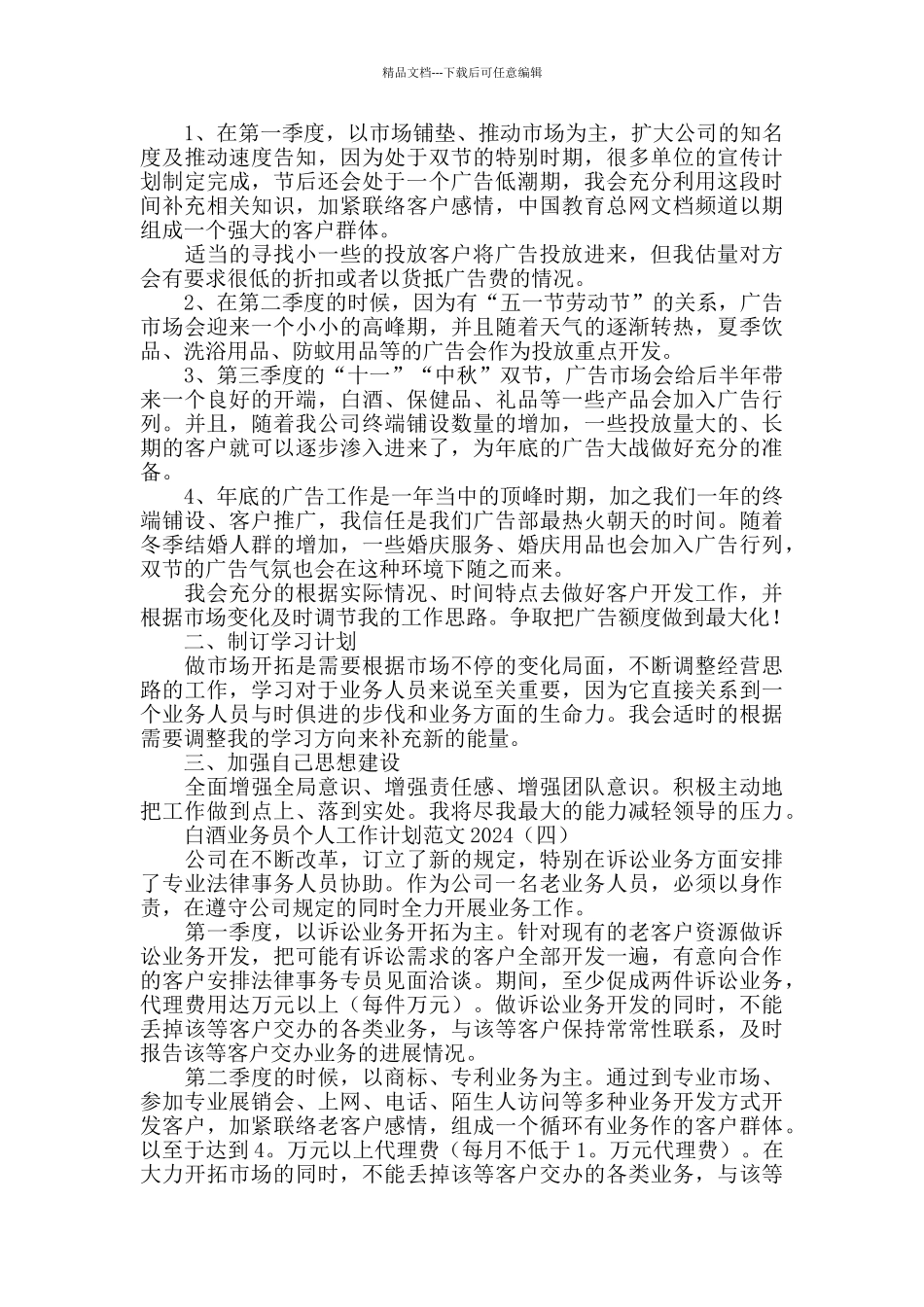 白酒业务员个人工作计划范文2024_第2页