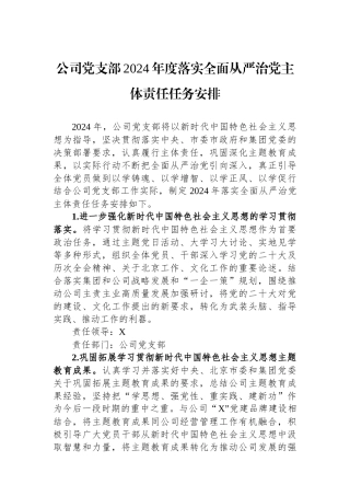 公司党支部2024年度落实全面从严治党主体责任任务安排