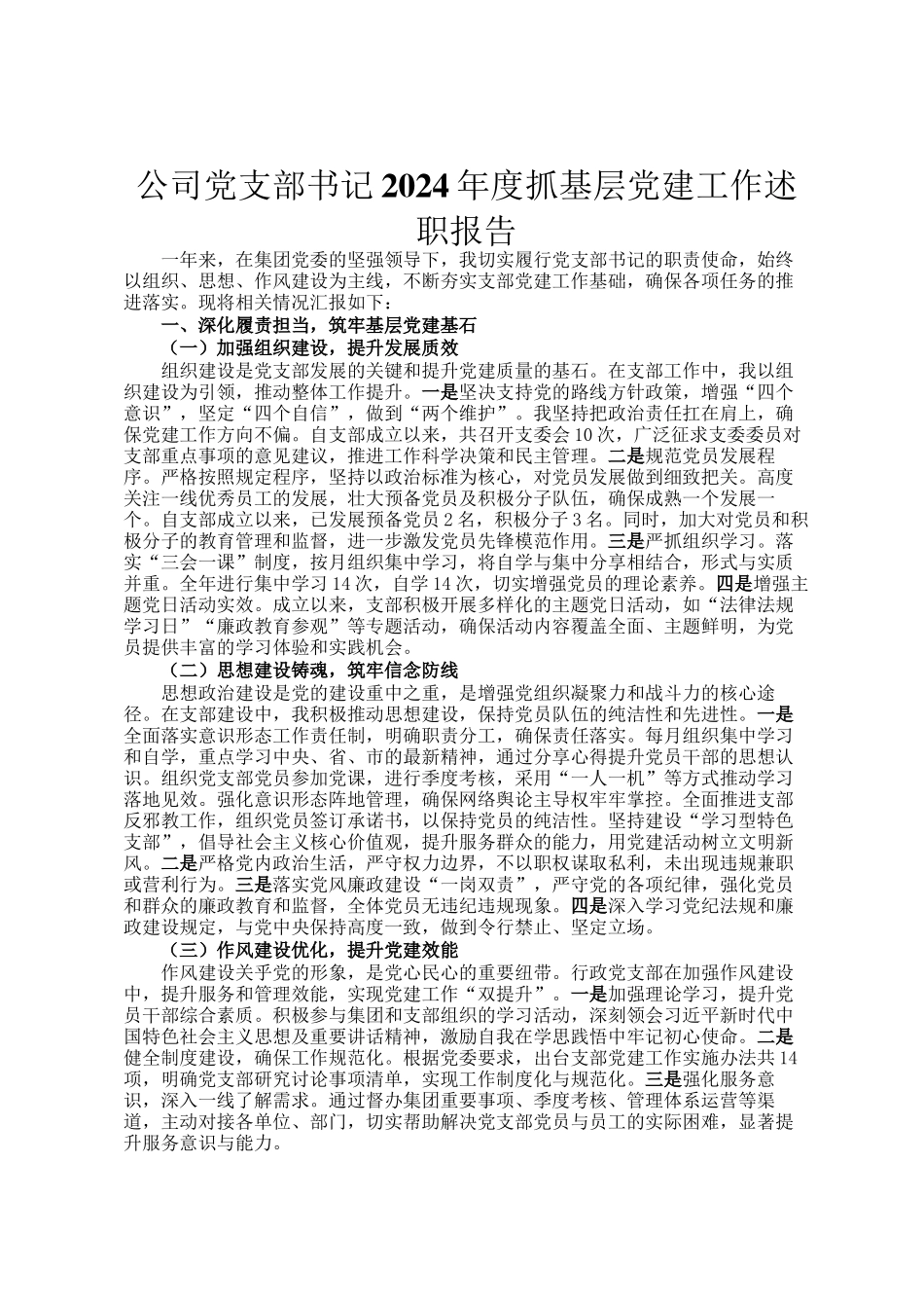 公司党支部书记2024年度抓基层党建工作述职报告_第1页