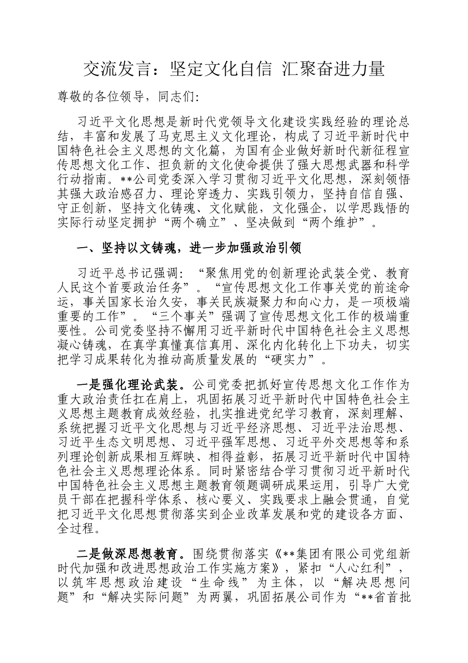 交流发言：坚定文化自信 汇聚奋进力量_第1页