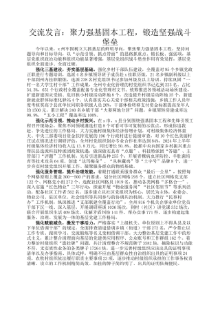 交流发言：聚力强基固本工程，锻造坚强战斗堡垒