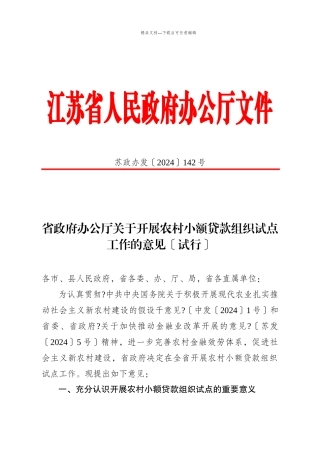 省政府办公厅关于开展农村小额贷款组织试点工作的意见