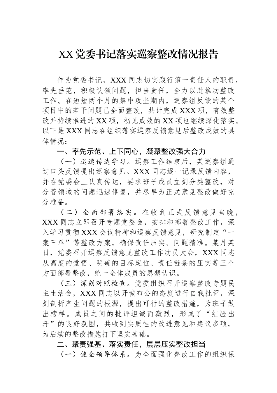 XX党委书记落实巡察整改情况报告_第1页