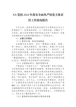 XX党组2024年落实全面从严治党主体责任工作情况报告
