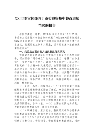 XX市委宣传部关于市委巡察集中整改进展情况的报告