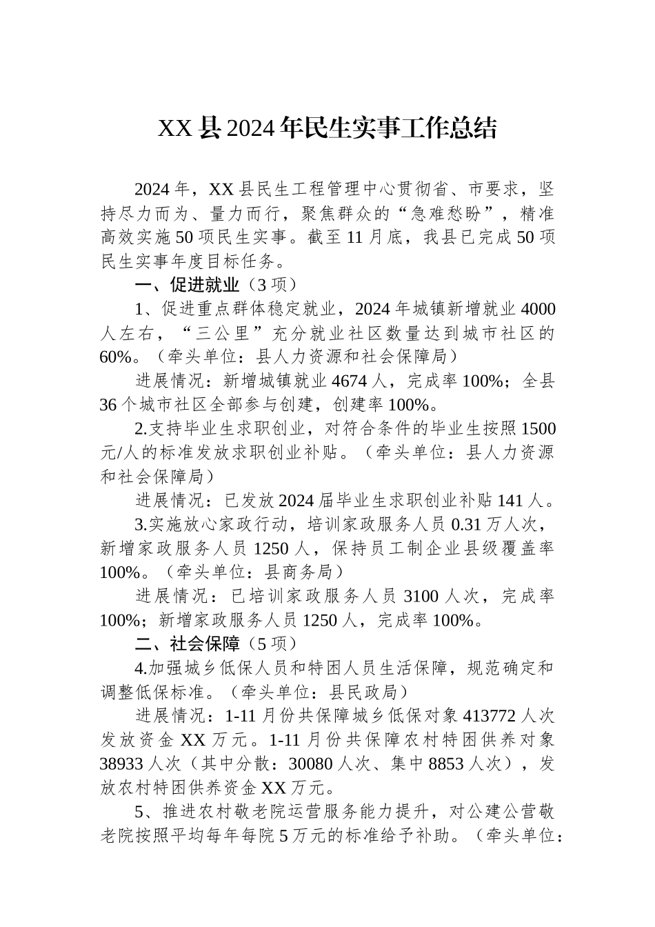XX县2024年民生实事工作总结_第1页
