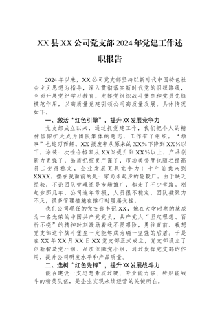XX县XX公司党支部2024年党建工作述职报告