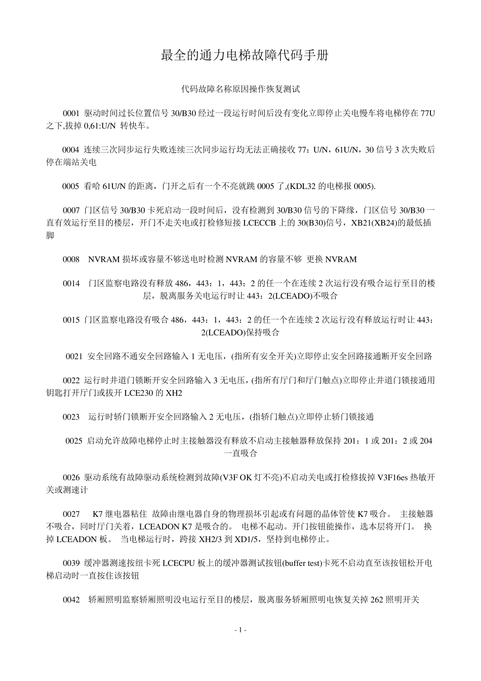 故障分析最全的通力3000电梯故障代码手册_第1页