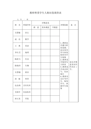 教师尊重学生问卷调查表
