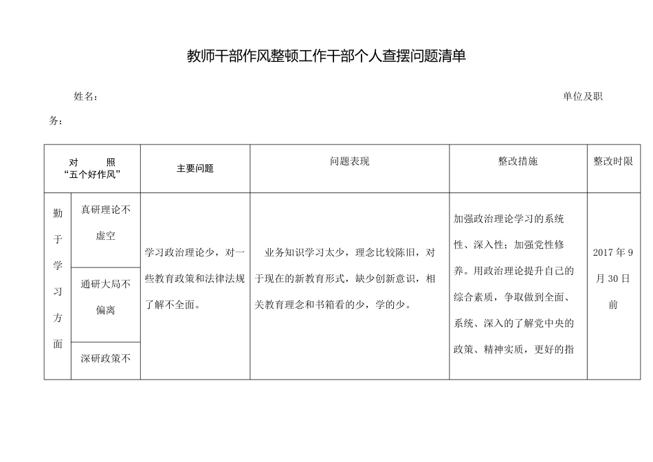 教师干部作风整顿工作干部个人查摆问题清单_第2页