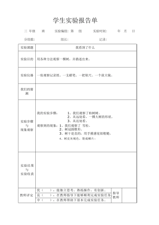 教科版三年级上册科学学生实验报告