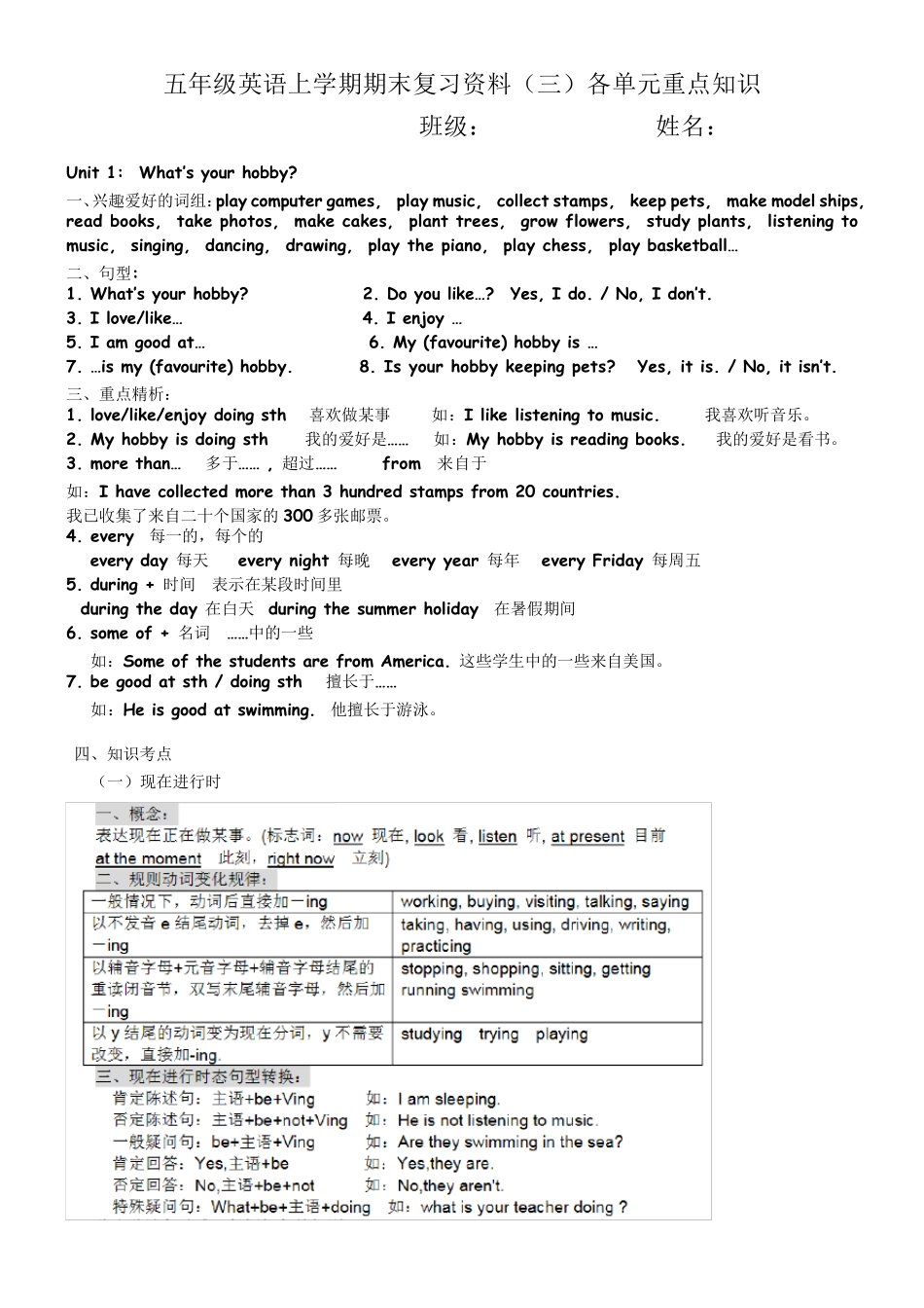 教科版五年级英语上学期期末复习资料各单元重点知识_第1页