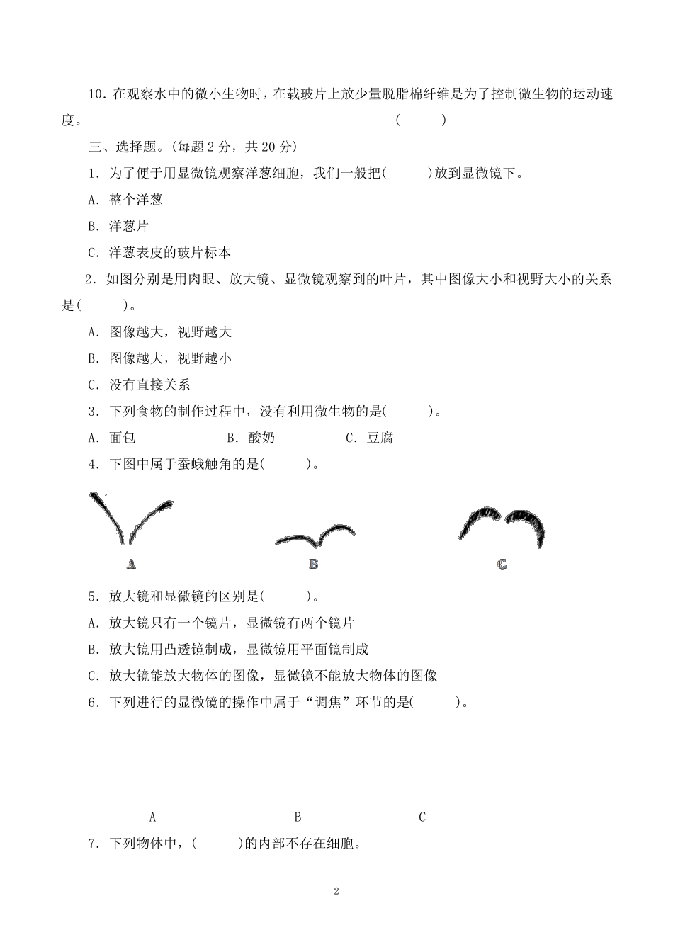 教科版六年级科学上册第一单元《微小世界》测试卷_第2页