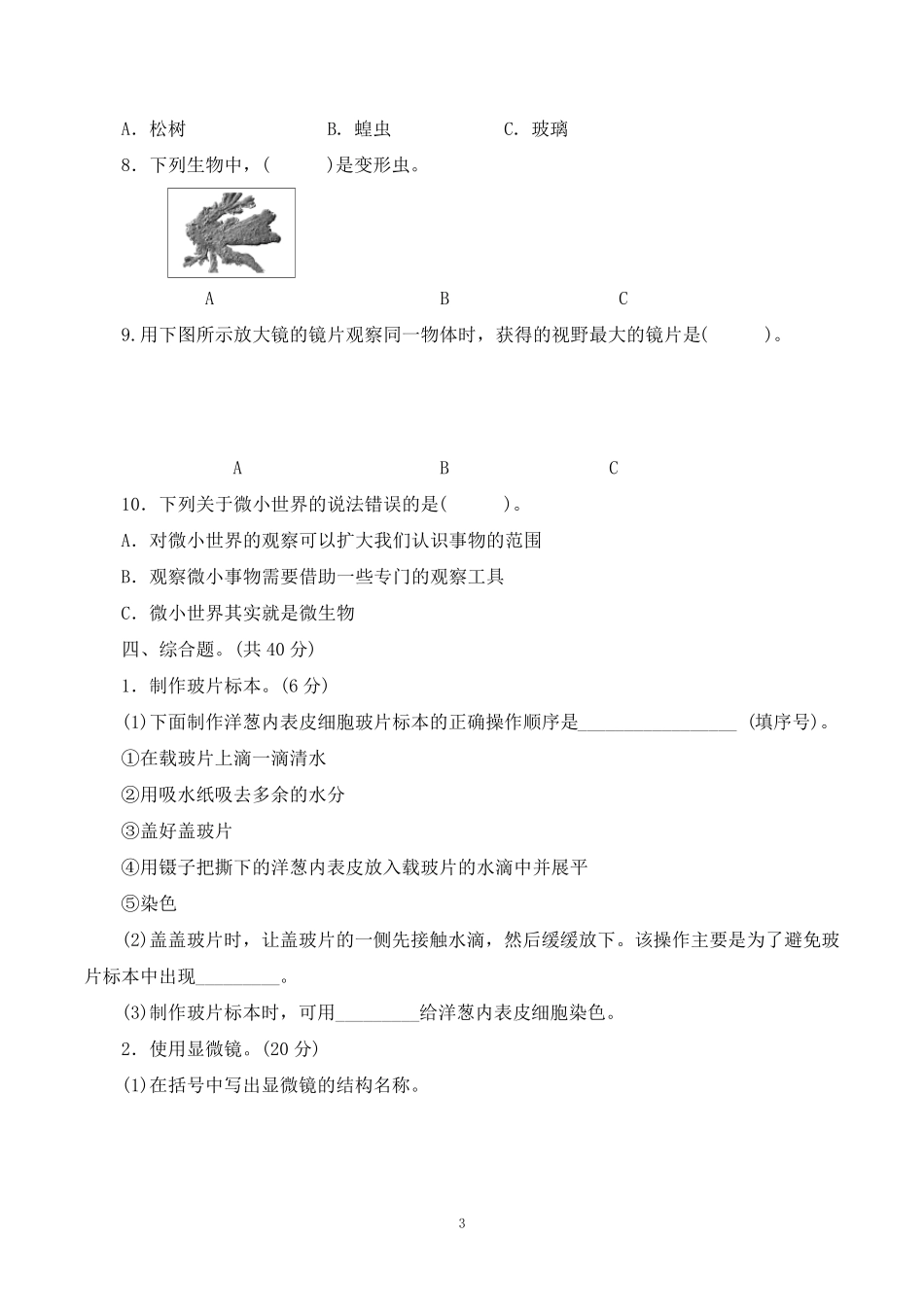 教科版六年级科学上册第一单元《微小世界》测试卷_第3页