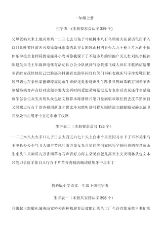 教科版小学一至六年级全部生字表