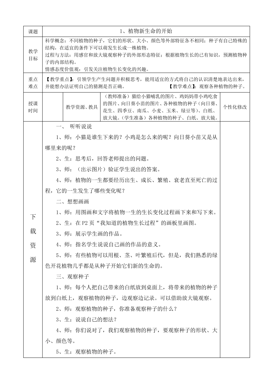 教科版小学科学三年级下册教案(表格)_第1页
