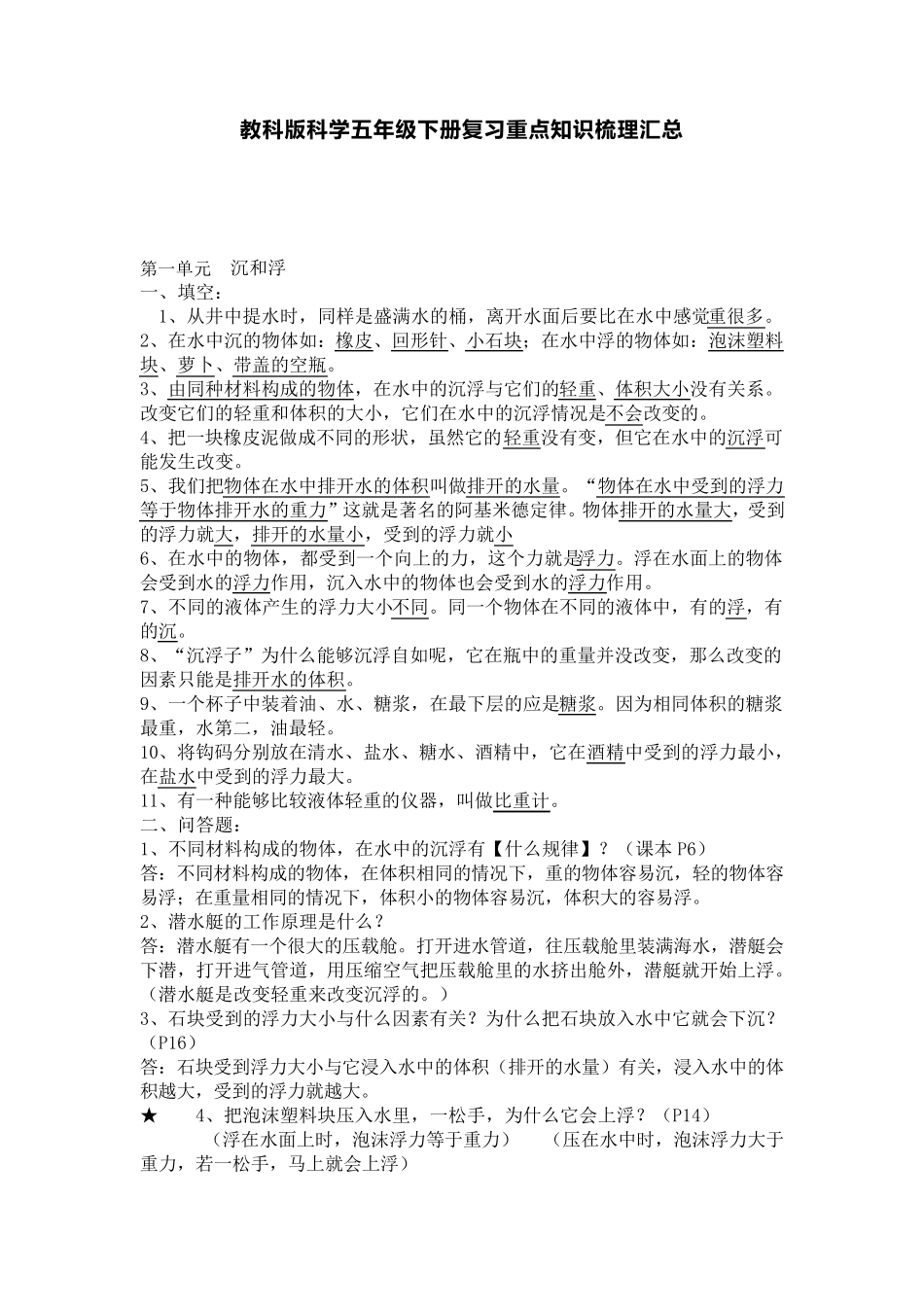 教科版科学五年级下册复习重点知识梳理汇总_第1页