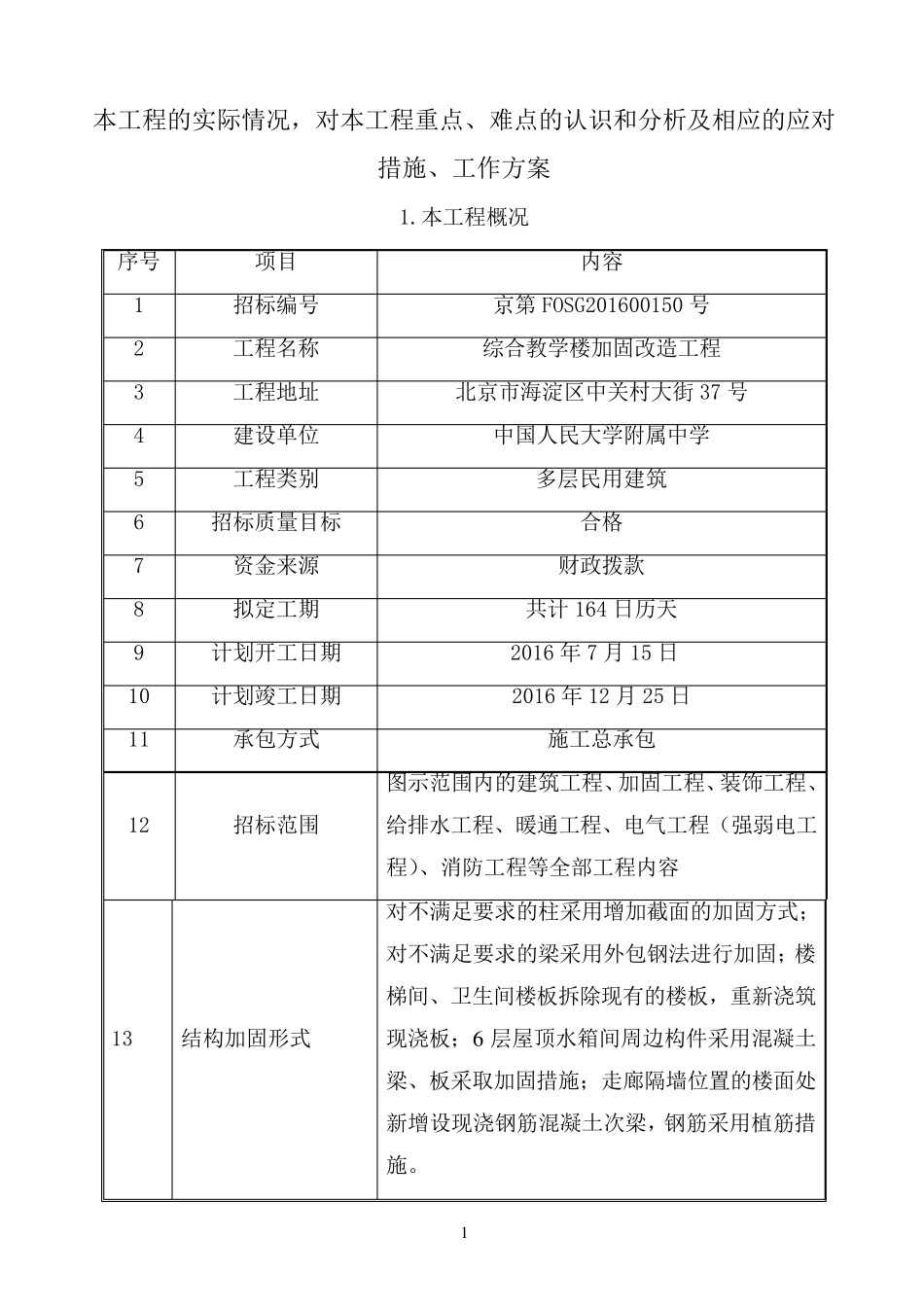 本工程的实际情况,对本工程重点、难点的认识和分析及相应的应对措施、工作方案_第1页