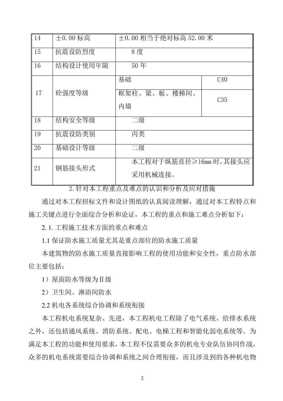 本工程的实际情况,对本工程重点、难点的认识和分析及相应的应对措施、工作方案_第2页