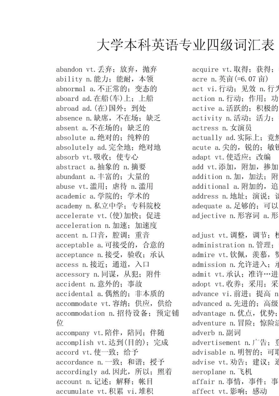 本科英语专业四级词汇表_第1页