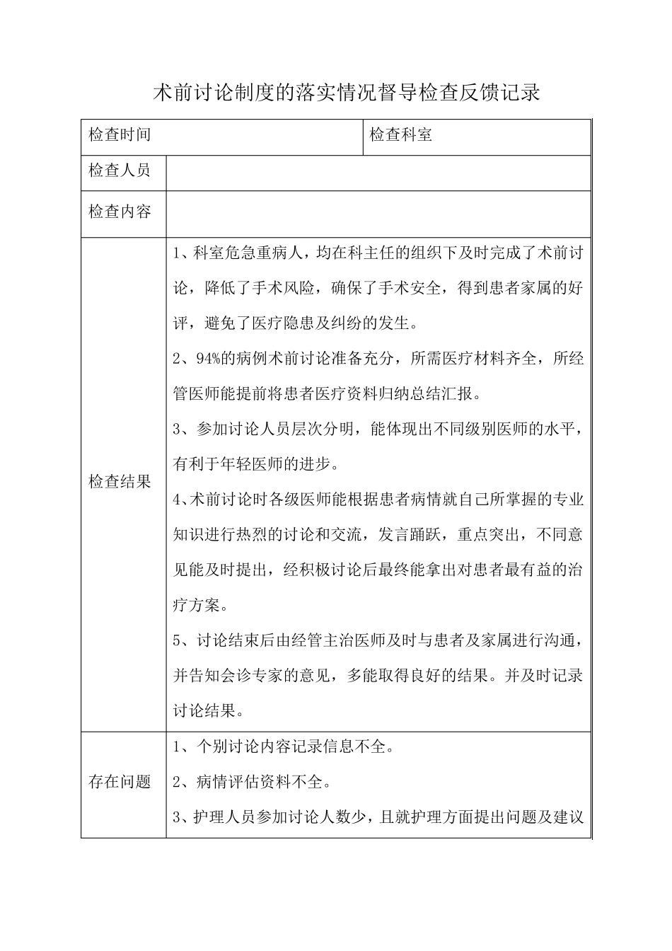 术前讨论制度的落实情况督导检查反馈记录_第1页
