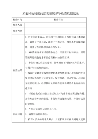 术前讨论制度的落实情况督导检查反馈记录