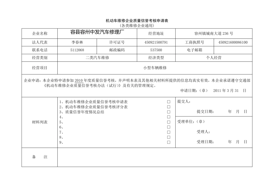 机动车维修企业质量信誉考核申请(评定)表_第2页