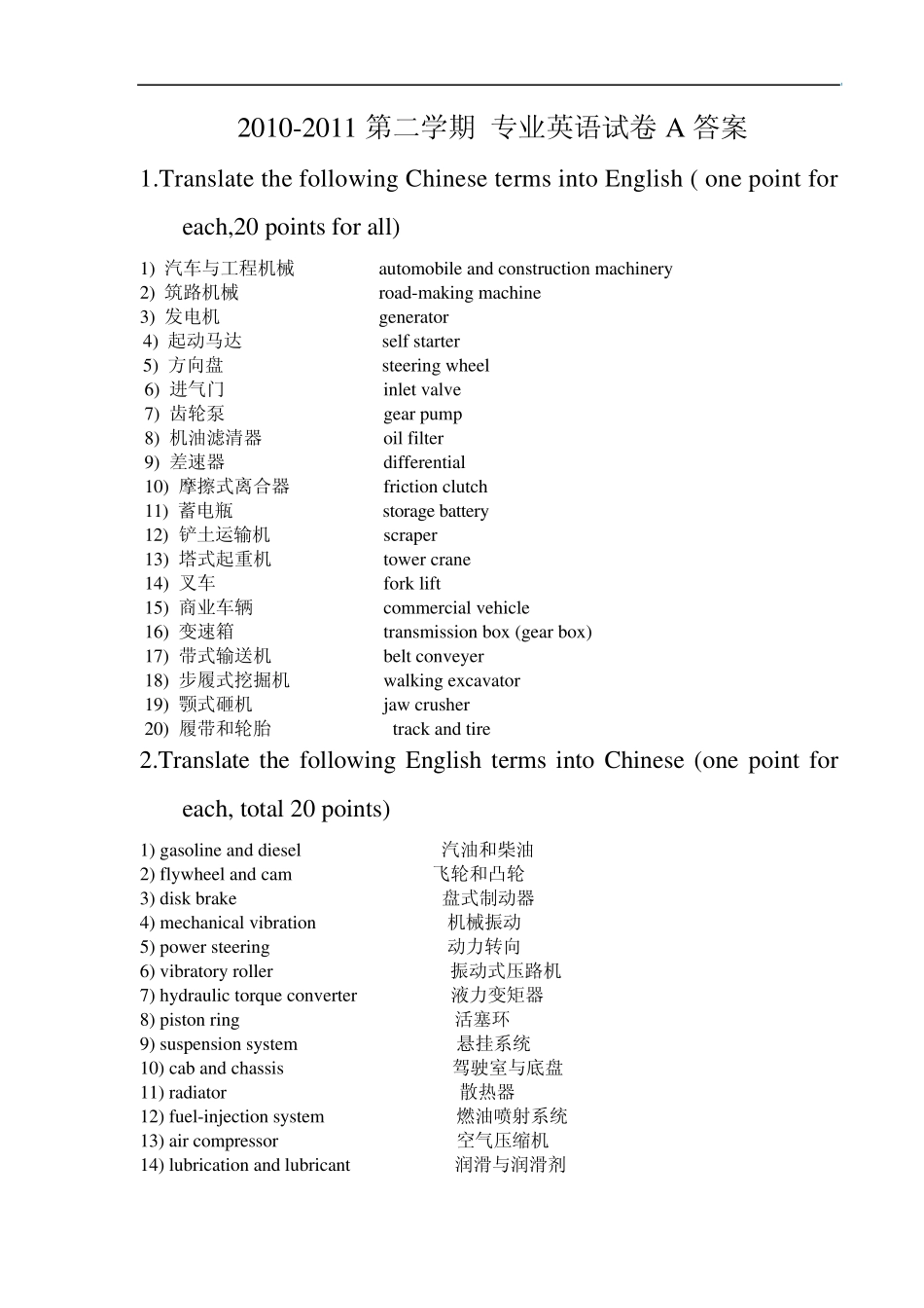 机械专业英语试题含答案_第1页